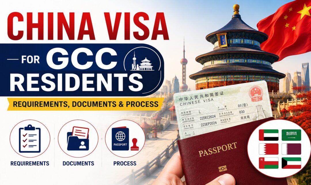 China Visa for GCC Residents: Requirements, Documents & Process › Forever Tourism LLC China visa for GCC residents: a passport held in front of a Chinese landmark with flags in the background.