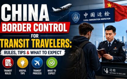 China Border Control for Transit Travelers: Rules, Tips & What to Expect › Forever Tourism LLC Poster promoting China border control for transit travelers: bold title, inspector at a passport counter, and icons for rules, tips, process, and what to expect.