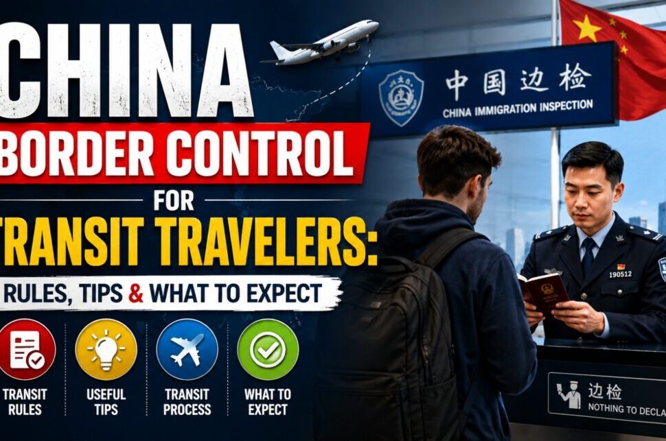China Border Control for Transit Travelers: Rules, Tips & What to Expect › Forever Tourism LLC Poster promoting China border control for transit travelers: bold title, inspector at a passport counter, and icons for rules, tips, process, and what to expect.