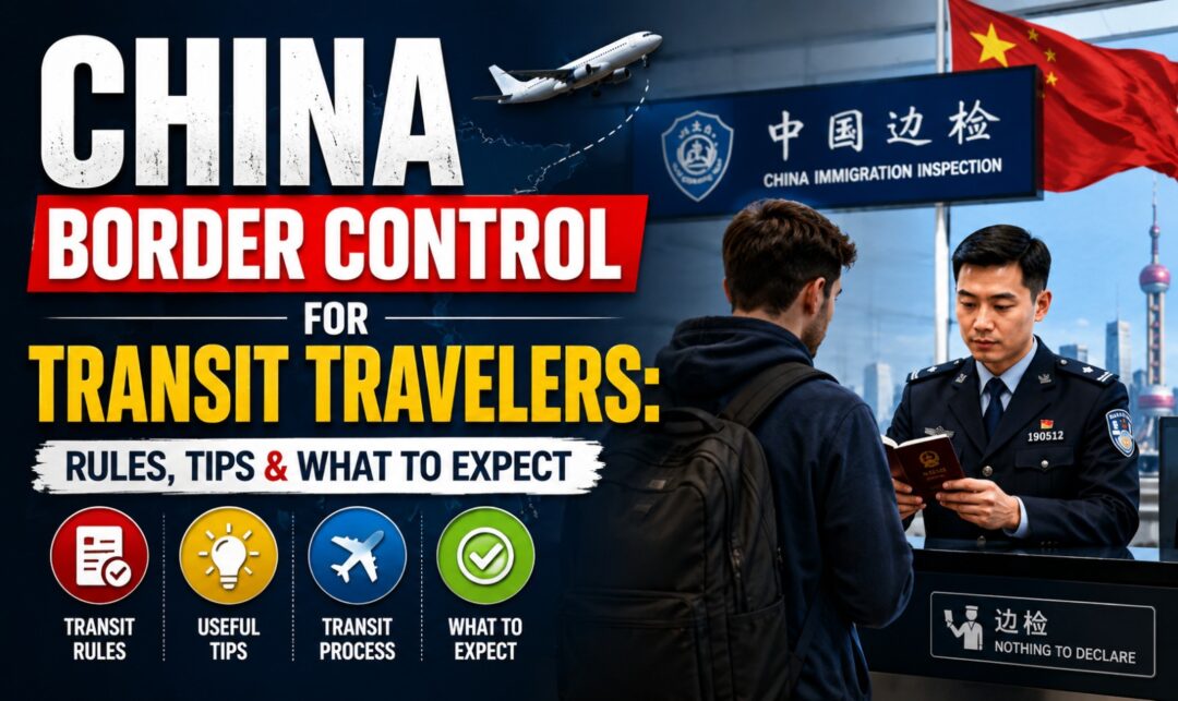 China Border Control for Transit Travelers: Rules, Tips & What to Expect › Forever Tourism LLC Poster promoting China border control for transit travelers: bold title, inspector at a passport counter, and icons for rules, tips, process, and what to expect.