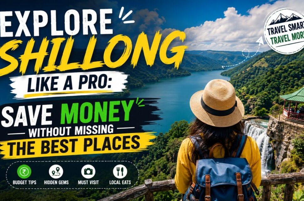 Explore Shillong Like a Pro: Save Money Without Missing the Best Places › Forever Tourism LLC Traveler with a backpack and hat overlooks a waterfall and lake as bold travel promo text highlights exploring Shillong and saving money.