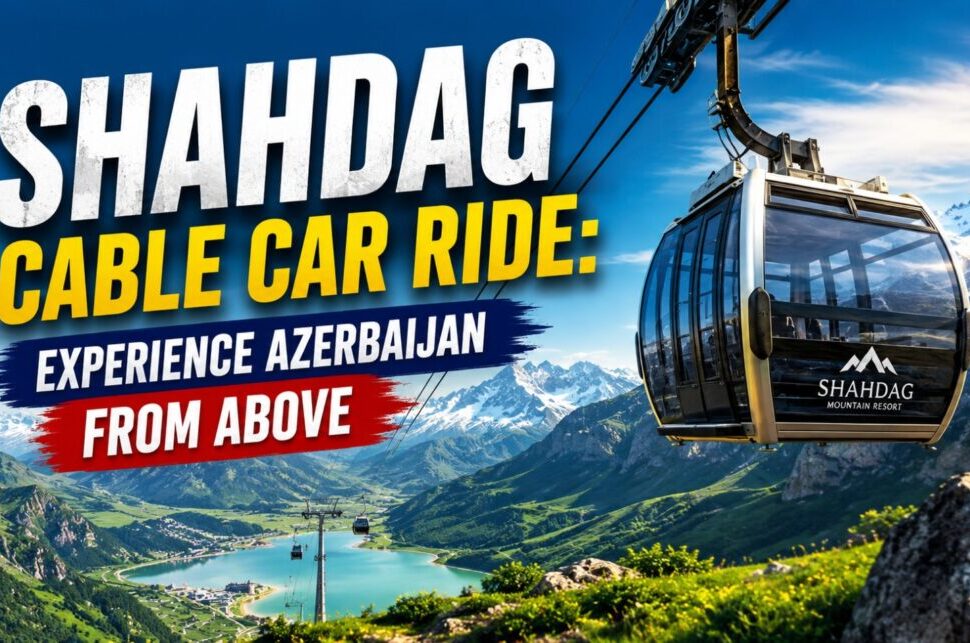 Shahdag Cable Car Ride: Experience Azerbaijan from Above › Forever Tourism LLC Promotional poster for Shahdag Cable Car Ride: 'Experience Azerbaijan From Above' with a gondola over a mountainous valley.