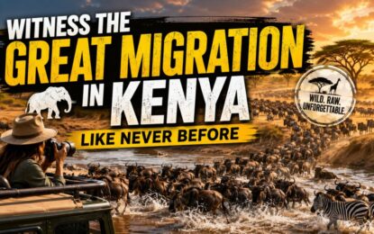 Witness the Great Migration in Kenya Like Never Before › Forever Tourism LLC Promo thumbnail for Kenya's Great Migration: a safari jeep with a photographer watches wildebeest and zebras crossing a river at sunset, bold yellow title text reads 'Witness the Great Migration in Kenya'.