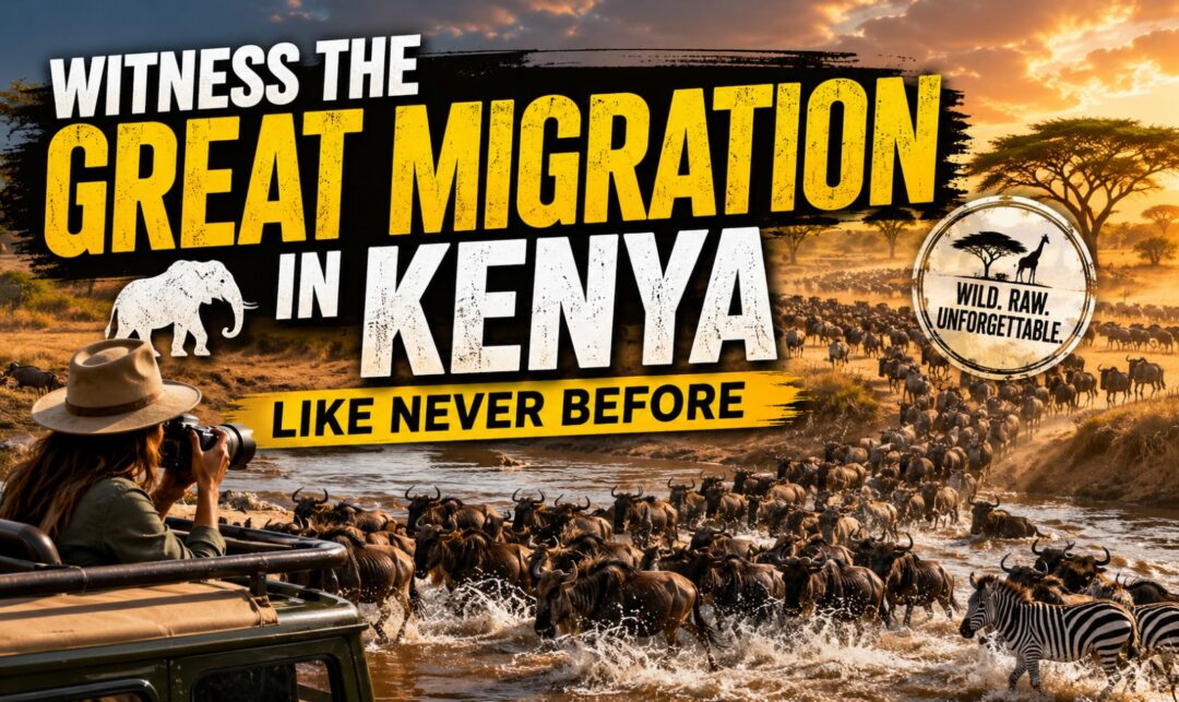 Witness the Great Migration in Kenya Like Never Before › Forever Tourism LLC Promo thumbnail for Kenya's Great Migration: a safari jeep with a photographer watches wildebeest and zebras crossing a river at sunset, bold yellow title text reads 'Witness the Great Migration in Kenya'.
