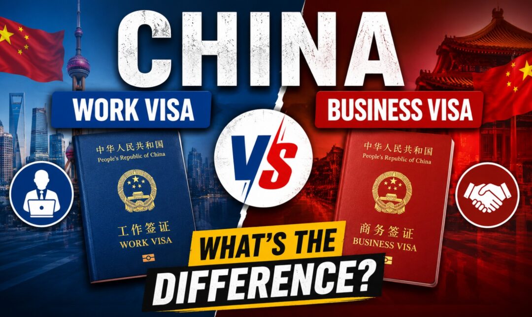 China Work Visa vs Business Visa: What's the Difference? › Forever Tourism LLC Blue China Work Visa on the left and red Business Visa on the right, with a bold 'VS' circle and the phrase 'What’s the Difference?'