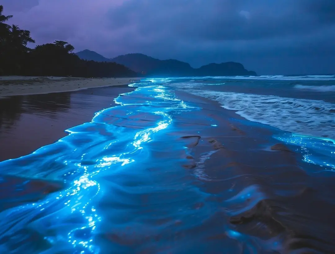 Night beach scene with bioluminescent blue glow along the shoreline and distant dark hills.