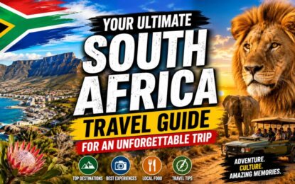 Your Ultimate South Africa Travel Guide for an Unforgettable Trip › Forever Tourism LLC Bright travel poster advertising a South Africa travel guide with a lion, safari jeep, coast, mountains, and the South African flag.
