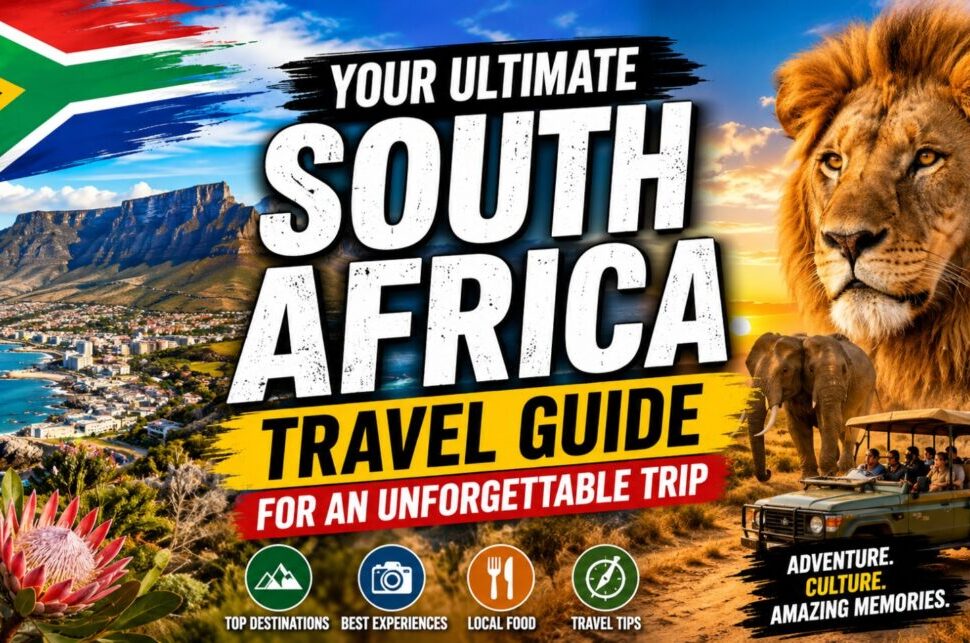 Your Ultimate South Africa Travel Guide for an Unforgettable Trip › Forever Tourism LLC Bright travel poster advertising a South Africa travel guide with a lion, safari jeep, coast, mountains, and the South African flag.
