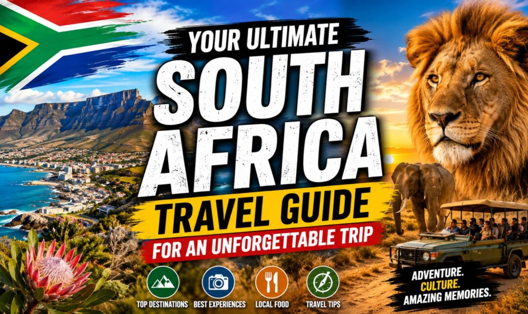 Your Ultimate South Africa Travel Guide for an Unforgettable Trip › Forever Tourism LLC Bright travel poster advertising a South Africa travel guide with a lion, safari jeep, coast, mountains, and the South African flag.
