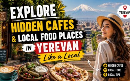Explore Hidden Cafes & Local Food Places in Yerevan Like a Local › Forever Tourism LLC Tourist woman with a hat looks over Yerevan skyline as bold text promotes exploring hidden cafés and local foods in Yerevan, like a local.