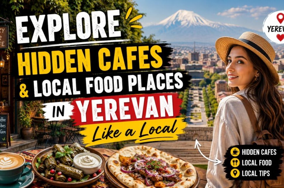 Explore Hidden Cafes & Local Food Places in Yerevan Like a Local › Forever Tourism LLC Tourist woman with a hat looks over Yerevan skyline as bold text promotes exploring hidden cafés and local foods in Yerevan, like a local.