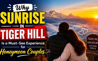 Why Sunrise in Tiger Hill Is a Must-See Experience for Honeymoon Couples › Forever Tourism LLC Promotional banner: sunrise over Tiger Hill with a couple embracing, advertising a honeymoon destination in Darjeeling (altitude 2590 m).