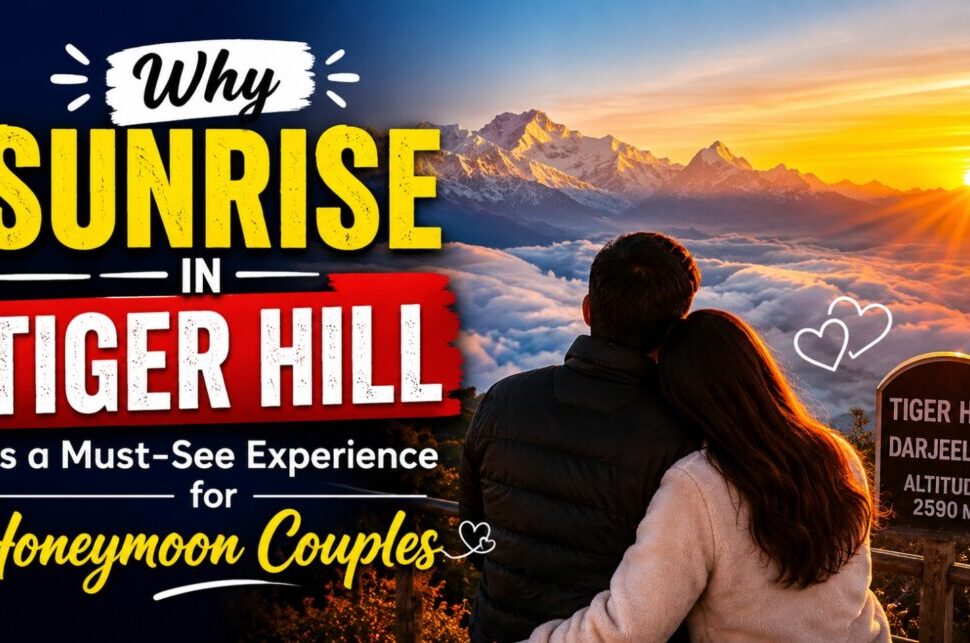 Why Sunrise in Tiger Hill Is a Must-See Experience for Honeymoon Couples › Forever Tourism LLC Promotional banner: sunrise over Tiger Hill with a couple embracing, advertising a honeymoon destination in Darjeeling (altitude 2590 m).