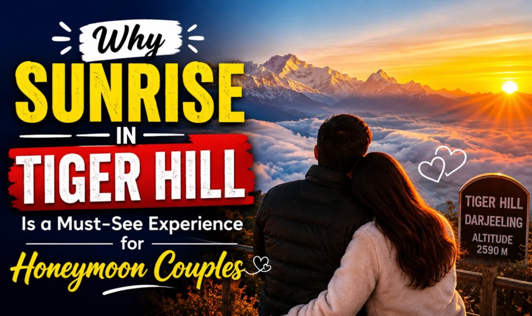 Why Sunrise in Tiger Hill Is a Must-See Experience for Honeymoon Couples › Forever Tourism LLC Promotional banner: sunrise over Tiger Hill with a couple embracing, advertising a honeymoon destination in Darjeeling (altitude 2590 m).