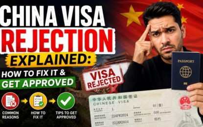 China Visa Rejection Explained: How to Fix It & Get Approved › Forever Tourism LLC Thumbnail about China visa rejection with a man holding a passport and a Chinese visa, suggesting how to fix and get approved.