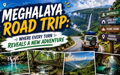 Meghalaya Road Trip: Where Every Turn Reveals a New Adventure › Forever Tourism LLC Banner for Meghalaya road trip with bold yellow 'ROAD TRIP' text, showing a winding mountain road, a 4x4 vehicle, and signposts to waterfalls and scenic views under a blue sky.