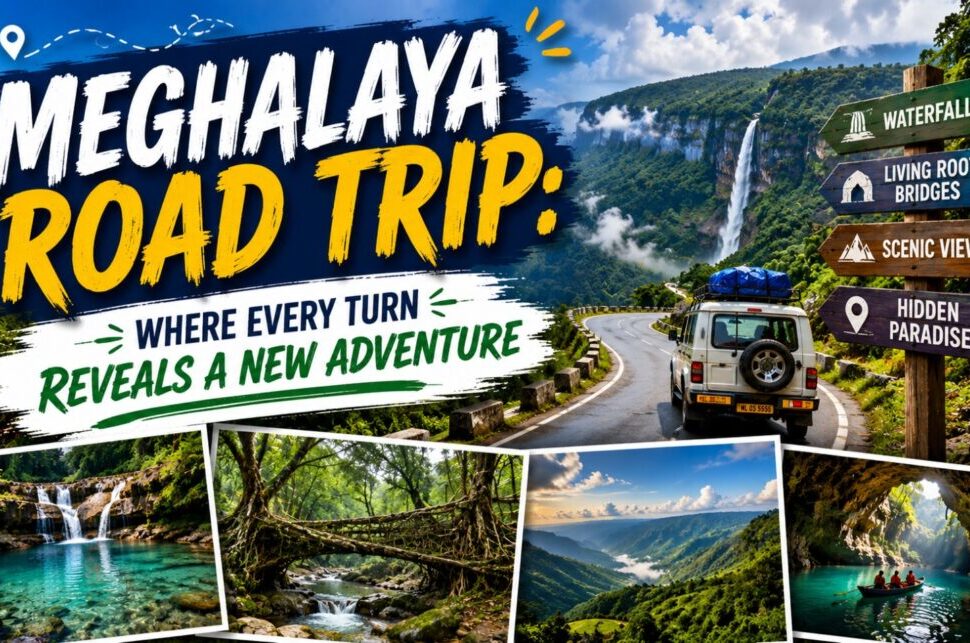 Meghalaya Road Trip: Where Every Turn Reveals a New Adventure › Forever Tourism LLC Banner for Meghalaya road trip with bold yellow 'ROAD TRIP' text, showing a winding mountain road, a 4x4 vehicle, and signposts to waterfalls and scenic views under a blue sky.