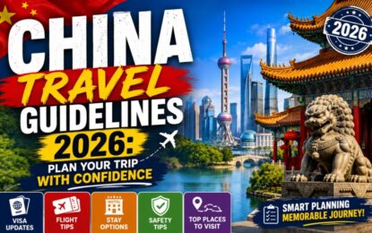 China Travel Guidelines 2026: Plan Your Trip with Confidence › Forever Tourism LLC Promotional image for 2026 China travel guidelines showing the Shanghai skyline, a traditional gate, a dragon statue, and travel tips icons (visa updates, flight tips, stay options, safety tips).