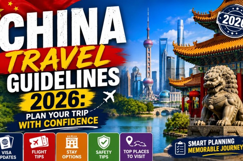 China Travel Guidelines 2026: Plan Your Trip with Confidence › Forever Tourism LLC Promotional image for 2026 China travel guidelines showing the Shanghai skyline, a traditional gate, a dragon statue, and travel tips icons (visa updates, flight tips, stay options, safety tips).