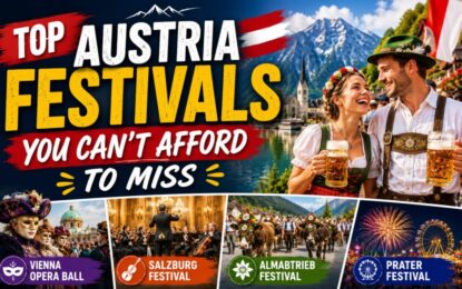 Top Austria Festivals You Can't Afford to Miss › Forever Tourism LLC Promotional collage for Top Austria Festivals showing a couple with beer beside a lake, plus festival banners.