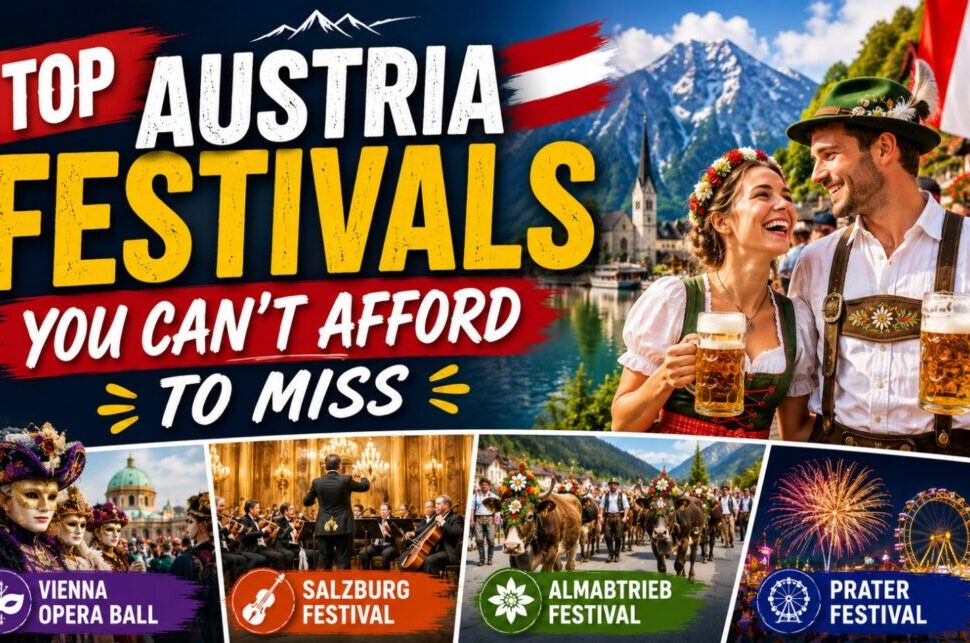 Top Austria Festivals You Can't Afford to Miss › Forever Tourism LLC Promotional collage for Top Austria Festivals showing a couple with beer beside a lake, plus festival banners.