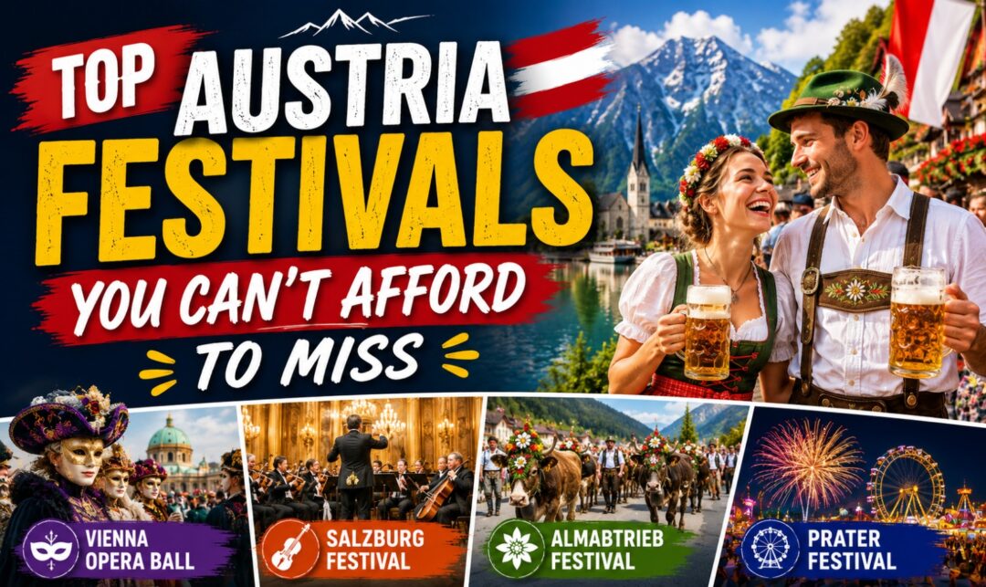 Top Austria Festivals You Can't Afford to Miss › Forever Tourism LLC Promotional collage for Top Austria Festivals showing a couple with beer beside a lake, plus festival banners.