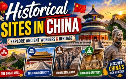 Historical Sites in China: Explore Ancient Wonders & Heritage › Forever Tourism LLC Bright collage of China's historic sites: the Great Wall, Forbidden City, Terracotta Army, Longmen Grottoes, a temple and statue with bold title 'Historical Sites in China' and a Chinese flag.