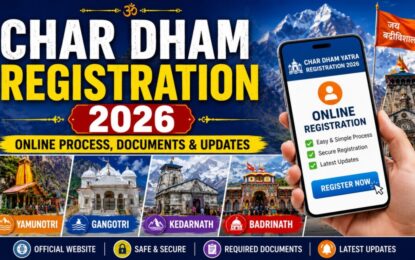Char Dham Registration 2026 | Online Process, Documents & Updates › Forever Tourism LLC Promotional banner for Char Dham Registration 2026 with 'Online Process, Documents & Updates' and a smartphone showing 'Online Registration' beside four sacred temples Yamunotri, Gangotri, Kedarnath and Badrinath.