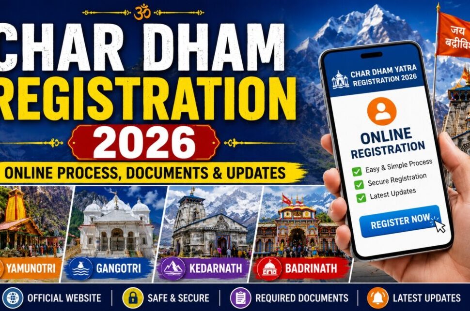 Char Dham Registration 2026 | Online Process, Documents & Updates › Forever Tourism LLC Promotional banner for Char Dham Registration 2026 with 'Online Process, Documents & Updates' and a smartphone showing 'Online Registration' beside four sacred temples Yamunotri, Gangotri, Kedarnath and Badrinath.
