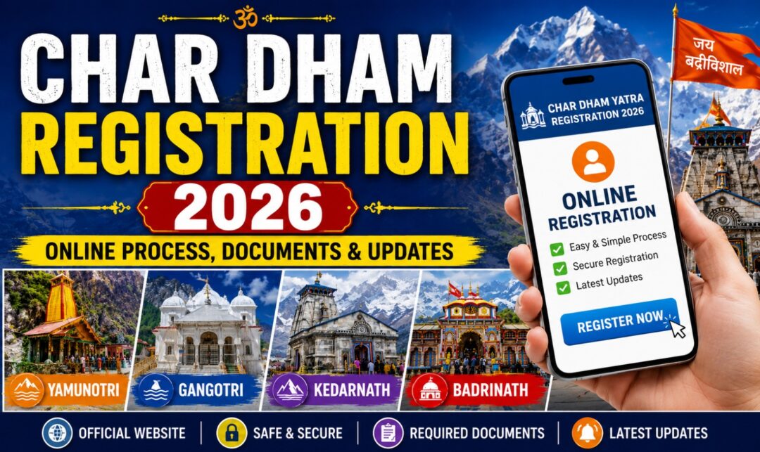 Char Dham Registration 2026 | Online Process, Documents & Updates › Forever Tourism LLC Promotional banner for Char Dham Registration 2026 with 'Online Process, Documents & Updates' and a smartphone showing 'Online Registration' beside four sacred temples Yamunotri, Gangotri, Kedarnath and Badrinath.