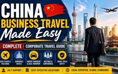 China Business Travel Made Easy | Complete Corporate Travel Guide › Forever Tourism LLC Promotional banner: China business travel made easy with a skyline, airplane, and a suited traveler with a rolling suitcase.