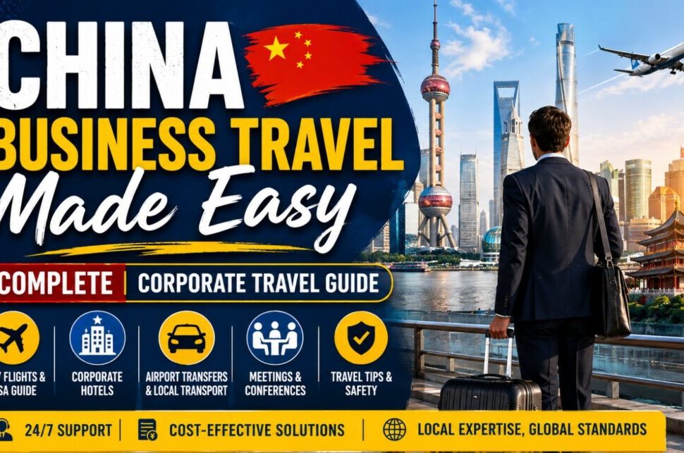 China Business Travel Made Easy | Complete Corporate Travel Guide › Forever Tourism LLC Promotional banner: China business travel made easy with a skyline, airplane, and a suited traveler with a rolling suitcase.