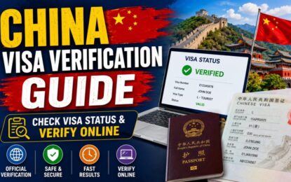 China Visa Verification Guide | Check Visa Status & Verify Online › Forever Tourism LLC China visa verification guide banner showing passport, Chinese visa, and a laptop with 'Verified' status.