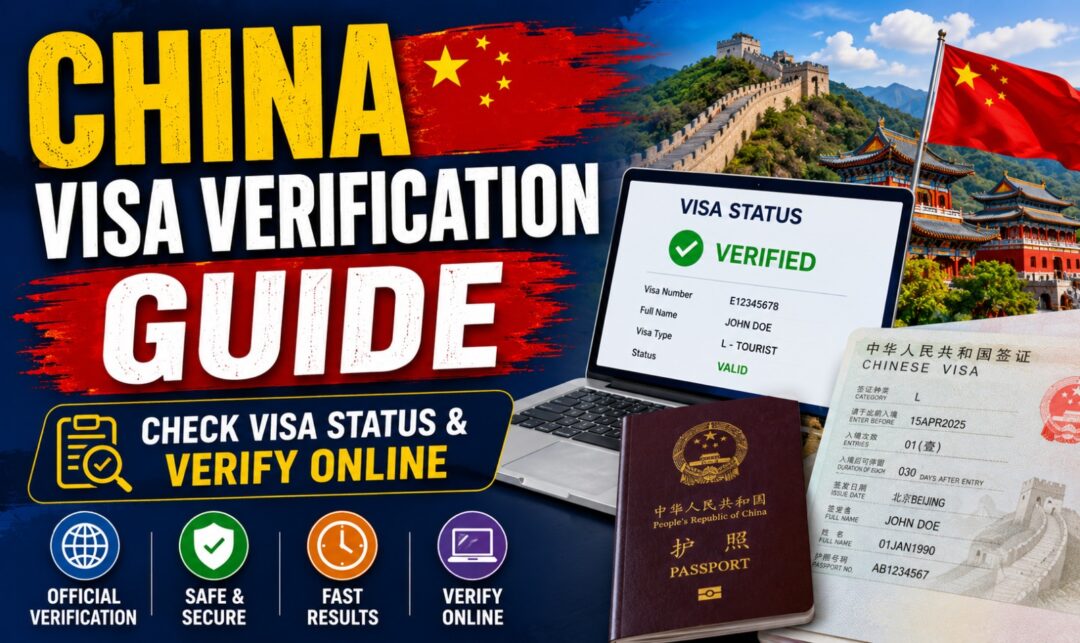 China Visa Verification Guide | Check Visa Status & Verify Online › Forever Tourism LLC China visa verification guide banner showing passport, Chinese visa, and a laptop with 'Verified' status.