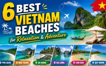6 Best Vietnam Beaches for Relaxation & Adventure › Forever Tourism LLC Banner promoting '6 Best Vietnam Beaches for Relaxation & Adventure' with a tropical beach scene and six destination cards: Phu Quoc, Nha Trang, Da Nang, Ha Long, Con Dao, Quy Nhon.