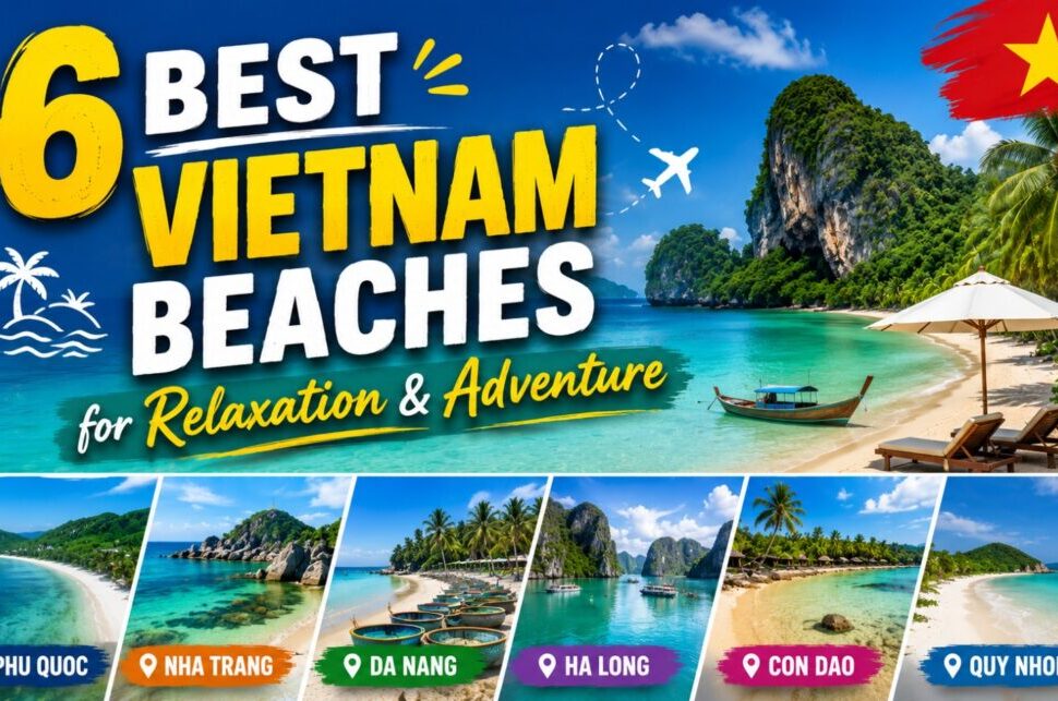 6 Best Vietnam Beaches for Relaxation & Adventure › Forever Tourism LLC Banner promoting '6 Best Vietnam Beaches for Relaxation & Adventure' with a tropical beach scene and six destination cards: Phu Quoc, Nha Trang, Da Nang, Ha Long, Con Dao, Quy Nhon.