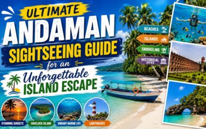 Ultimate Andaman Sightseeing Guide for an Unforgettable Island Escape › Forever Tourism LLC Promotional collage for Andaman sightseeing: tropical beach with a boat, palm trees, bold title text, signposts for Beaches, Islands, Snorkeling and Historical Sites, plus thumbnail images of sunset, Havelock Island, vibrant marine life, lighthouses, and a coastal arch.