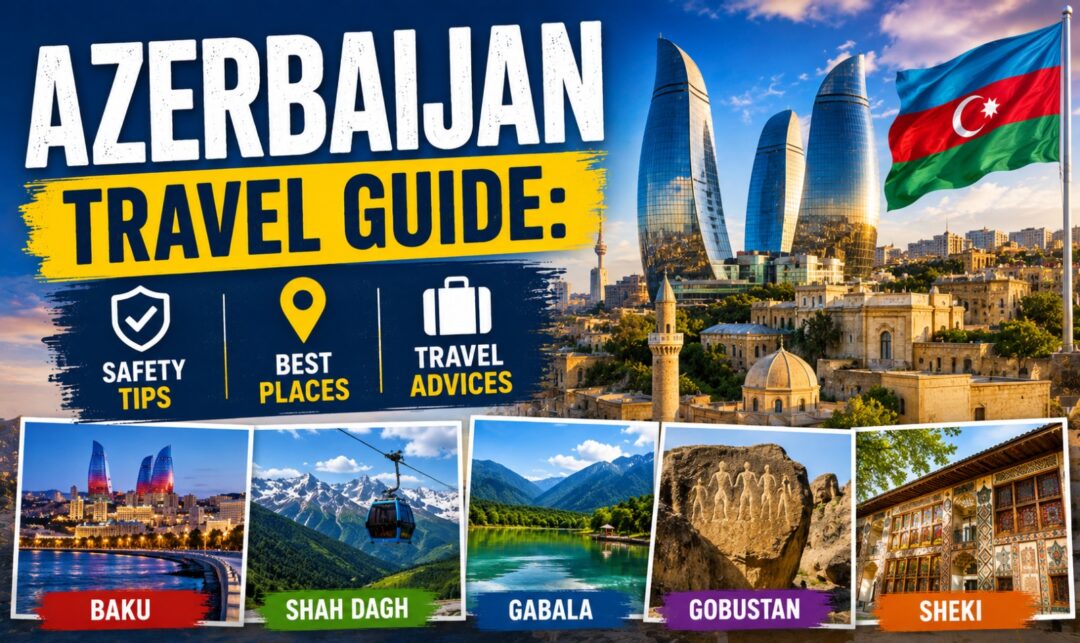 Azerbaijan Travel Guide: Safety Tips, Best Places & Travel Advices › Forever Tourism LLC Azerbaijan Travel Guide cover with skyline, flag, and rows of photos of Baku, Shahdag, Gabala, Gobustan, and Sheki, signaling travel destinations and tips.