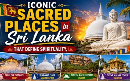Iconic Sacred Places in Sri Lanka That Define Heritage › Forever Tourism LLC Poster promoting Sri Lanka's sacred places with a large Buddha statue, sunset sky, and four landmark photos at the bottom.