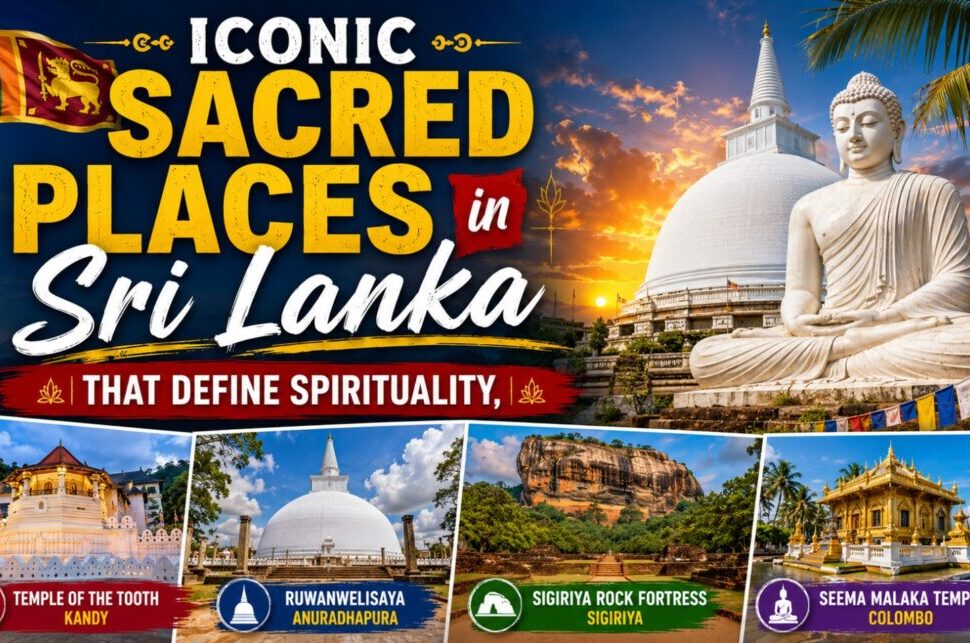 Iconic Sacred Places in Sri Lanka That Define Heritage › Forever Tourism LLC Poster promoting Sri Lanka's sacred places with a large Buddha statue, sunset sky, and four landmark photos at the bottom.