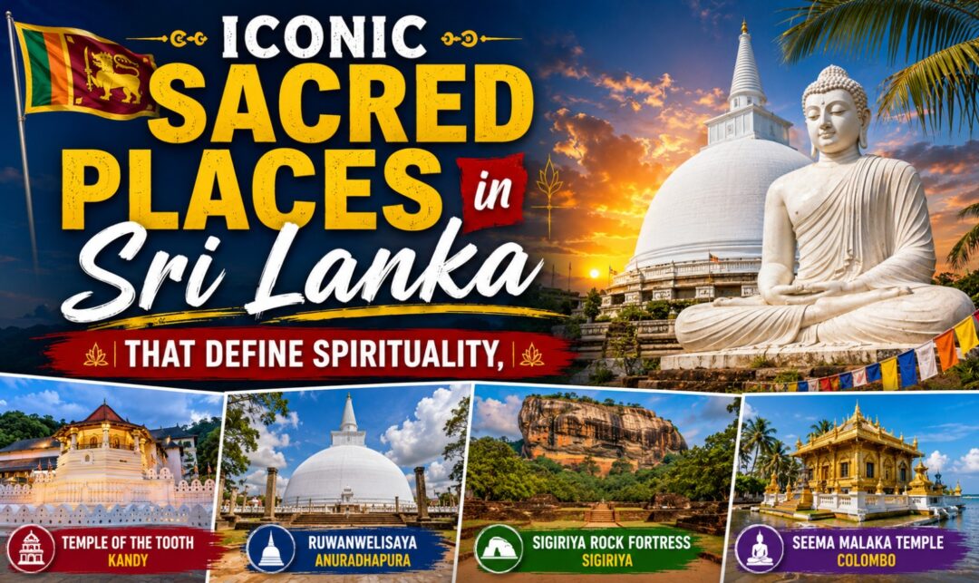 Iconic Sacred Places in Sri Lanka That Define Heritage › Forever Tourism LLC Poster promoting Sri Lanka's sacred places with a large Buddha statue, sunset sky, and four landmark photos at the bottom.