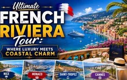 Ultimate French Riviera Tour: Where Luxury Meets Coastal Charm › Forever Tourism LLC Promotional banner for the Ultimate French Riviera Tour featuring a coastal town, yachts, and luxury branding.
