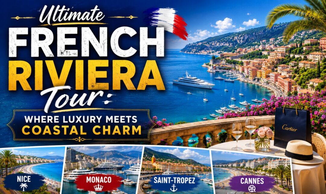 Ultimate French Riviera Tour: Where Luxury Meets Coastal Charm › Forever Tourism LLC Promotional banner for the Ultimate French Riviera Tour featuring a coastal town, yachts, and luxury branding.