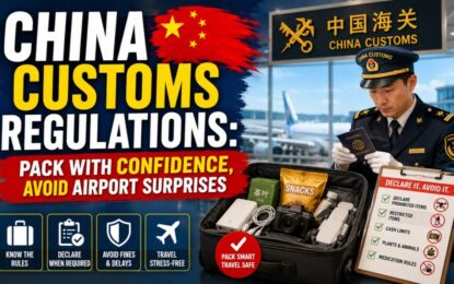 China Customs Regulations: Pack with Confidence, Avoid Airport Surprises › Forever Tourism LLC Poster about China Customs regulations showing a customs officer with a passport beside an open suitcase full of items, with bold text 'China Customs Regulations' and 'Pack with Confidence'.