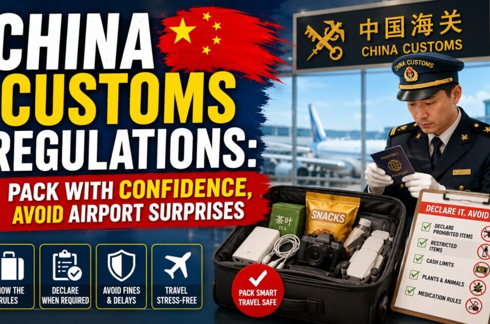 China Customs Regulations: Pack with Confidence, Avoid Airport Surprises › Forever Tourism LLC Poster about China Customs regulations showing a customs officer with a passport beside an open suitcase full of items, with bold text 'China Customs Regulations' and 'Pack with Confidence'.