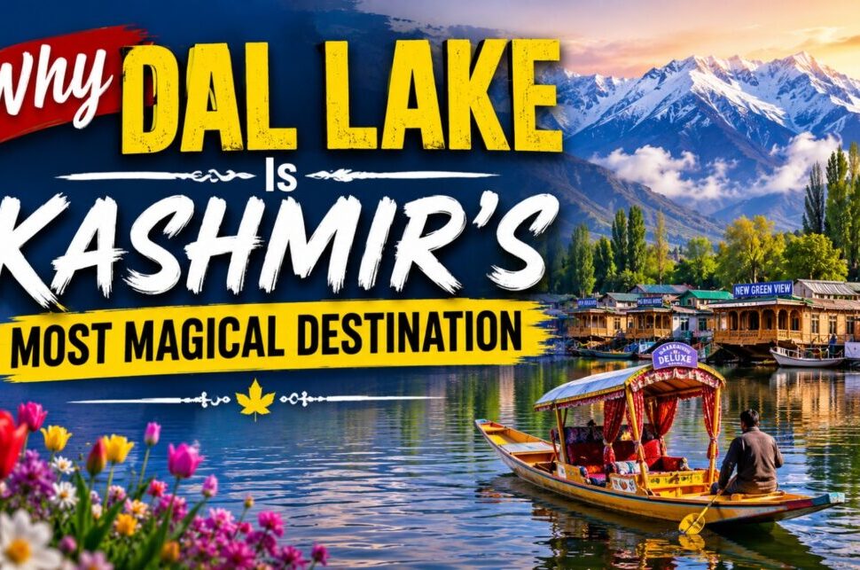Why Dal Lake Is Kashmir's Most Magical Destination › Forever Tourism LLC Promotional banner for Dal Lake, Kashmir, showing a boat on the lake with mountains and flowers, and the headline 'Why Dal Lake is Kashmir's Most Magical Destination'.