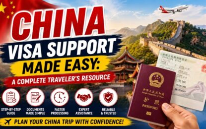 China Visa Support Made Easy: A Complete Traveler's Resource › Forever Tourism LLC Promotional banner for China visa support: 'Made Easy' traveler resources with passport, visa, and landmarks like the Great Wall in the background, plane flying overhead.
