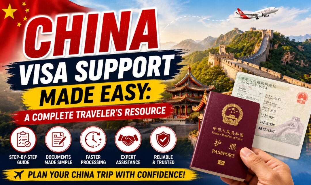 China Visa Support Made Easy: A Complete Traveler's Resource › Forever Tourism LLC Promotional banner for China visa support: 'Made Easy' traveler resources with passport, visa, and landmarks like the Great Wall in the background, plane flying overhead.