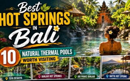 Best Hot Springs in Bali: 10 Natural Thermal Pools Worth Visiting › Forever Tourism LLC Promotional banner for Bali hot springs showing a woman in a tropical pool with four location thumbnails: Toya Devasya, Banjar Hot Springs, Air Panas Banjar, Natya Hot Spring.