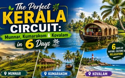 The Perfect Kerala Circuit: Munnar, Kumarakom & Kovalam in 6 Days › Forever Tourism LLC Promotional collage for The Perfect Kerala Circuit: Munnar, Kumarakom & Kovalam in 6 days with tropical scenery and boat.